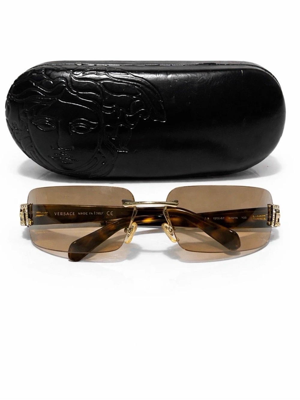 Versace Black and Brown Tortoiseshell Rimless Sunglasses
